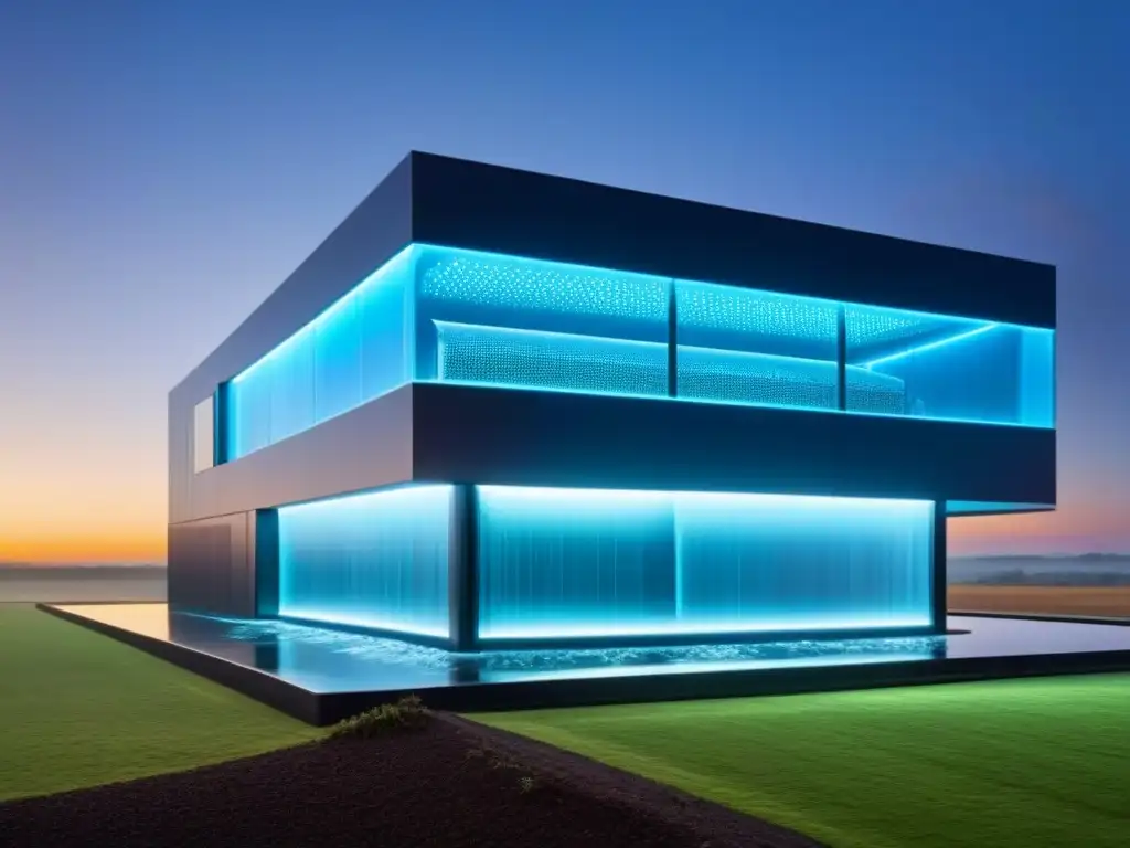 Edificio futurista con tecnologías de reciclaje de agua integradas en su diseño, reflejando innovación y sostenibilidad
