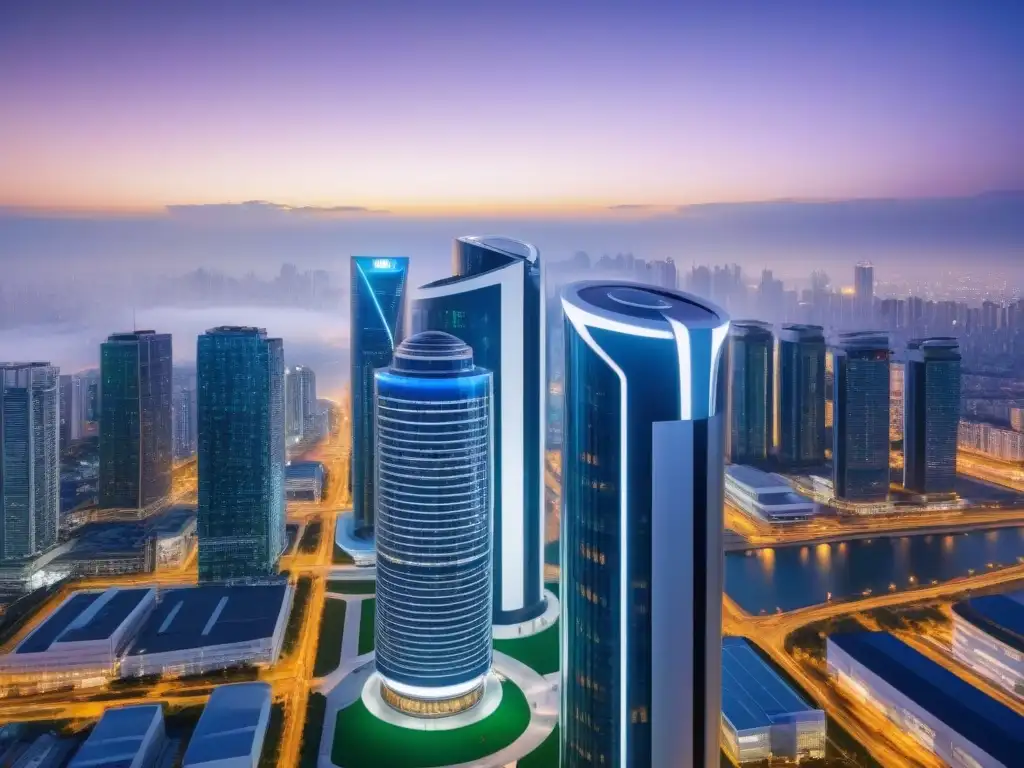 Edificio inteligente futurista con tecnología de seguridad avanzada Un edificio futurista con tecnologías de seguridad avanzadas, como cámaras de IA y reconocimiento facial