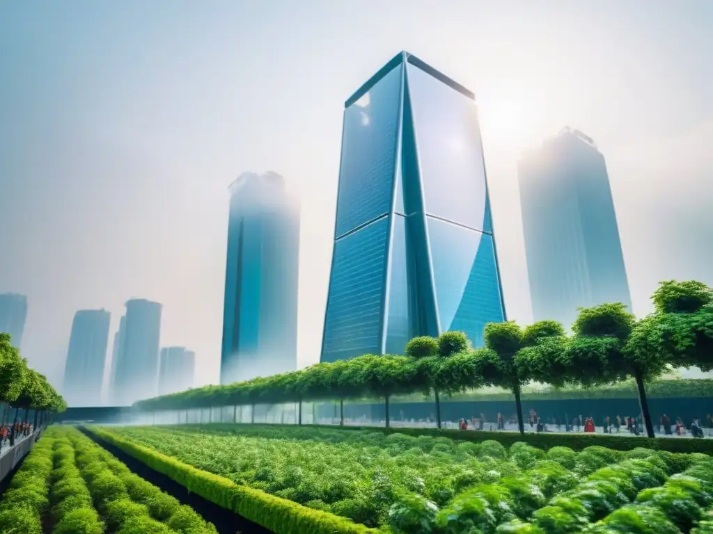 Rascacielos futurista eco-friendly en paisaje urbano verde Edificio futurista con tecnologías verdes, paneles solares y jardín en la azotea