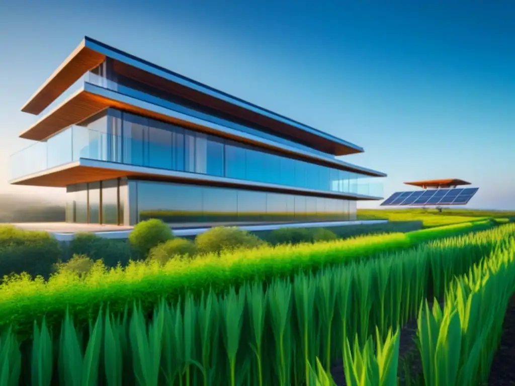 Complejo ecoamigable: arquitectura sostenible y paneles solares futuristas Edificio futurista verde con paneles solares, rodeado de vegetación y cielo azul claro