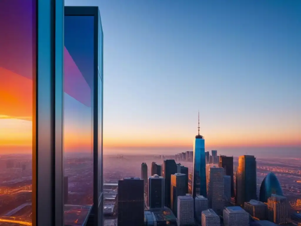 Edificio futurista en atardecer vibrante Un edificio futurista en una vibrante puesta de sol, reflejando la ciudad