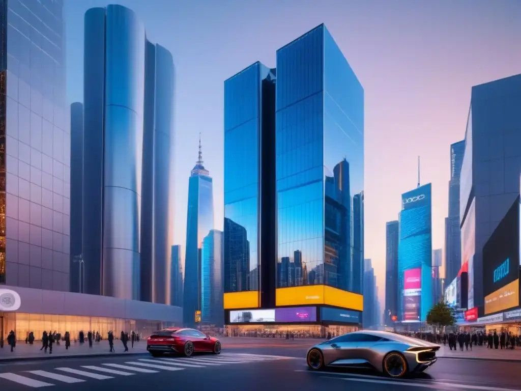 Edificio comercial futurista en ciudad digitalizada Edificio futurista con vidrios reflectantes y pantallas digitales