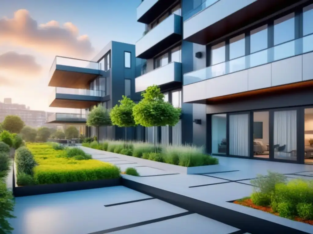 Edificio futurista inclusivo: innovación y sostenibilidad Edificio futurista con viviendas adaptadas y tecnología inteligente, rodeado de vegetación y residentes felices