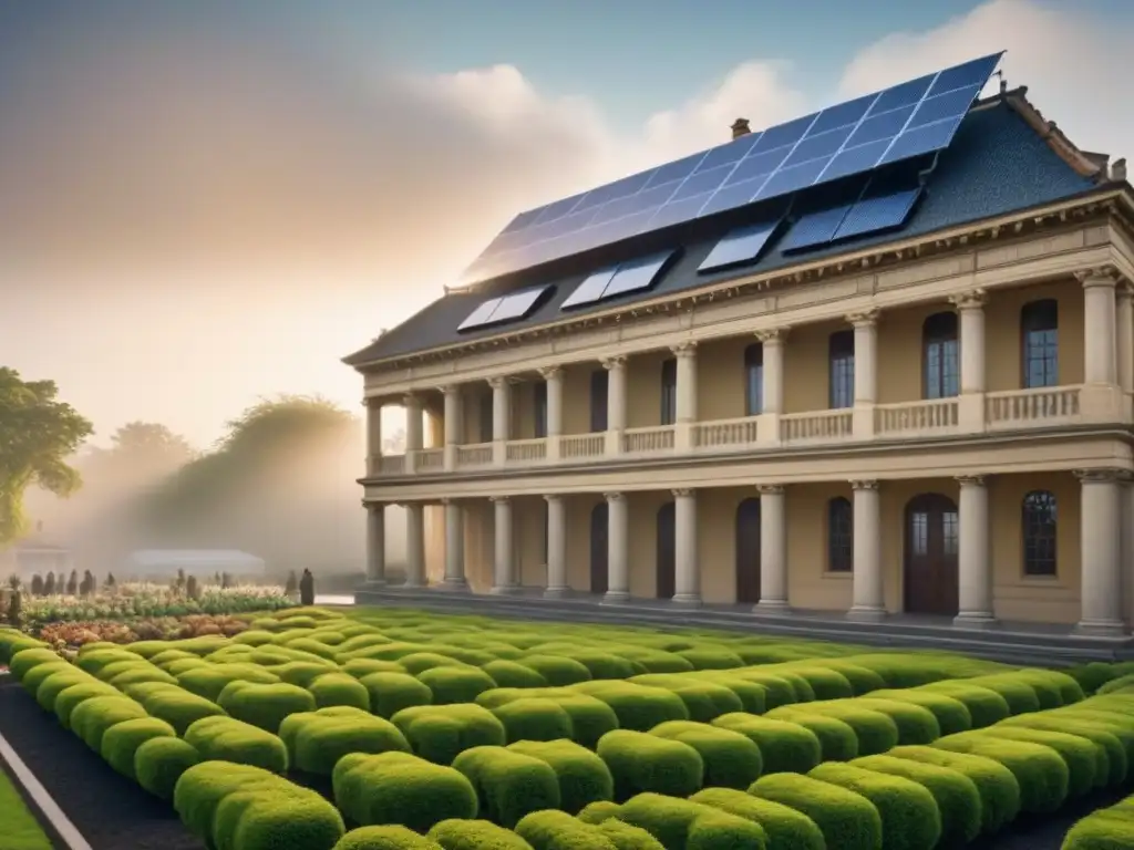 Edificio histórico restaurado con innovación sostenible postdesastre Edificio histórico postdesastre con soluciones sostenibles y modernas, rodeado de jardín exuberante