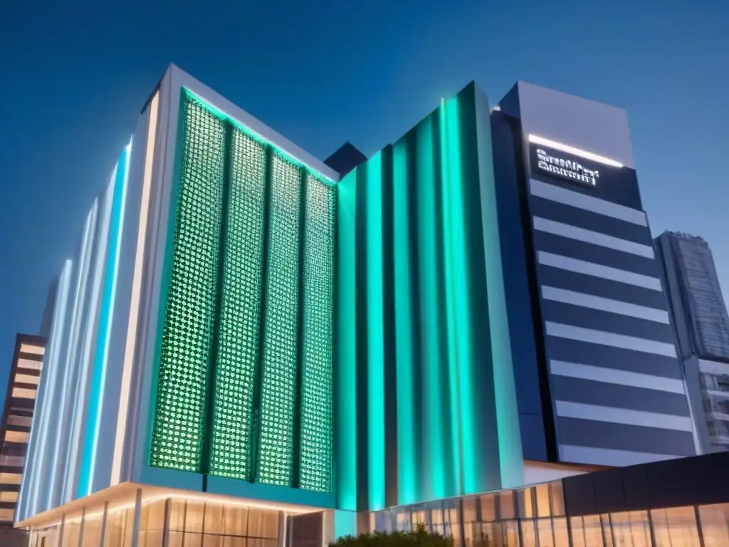 Edificio inteligente con eficiencia energética en la noche con luces LED futuristas