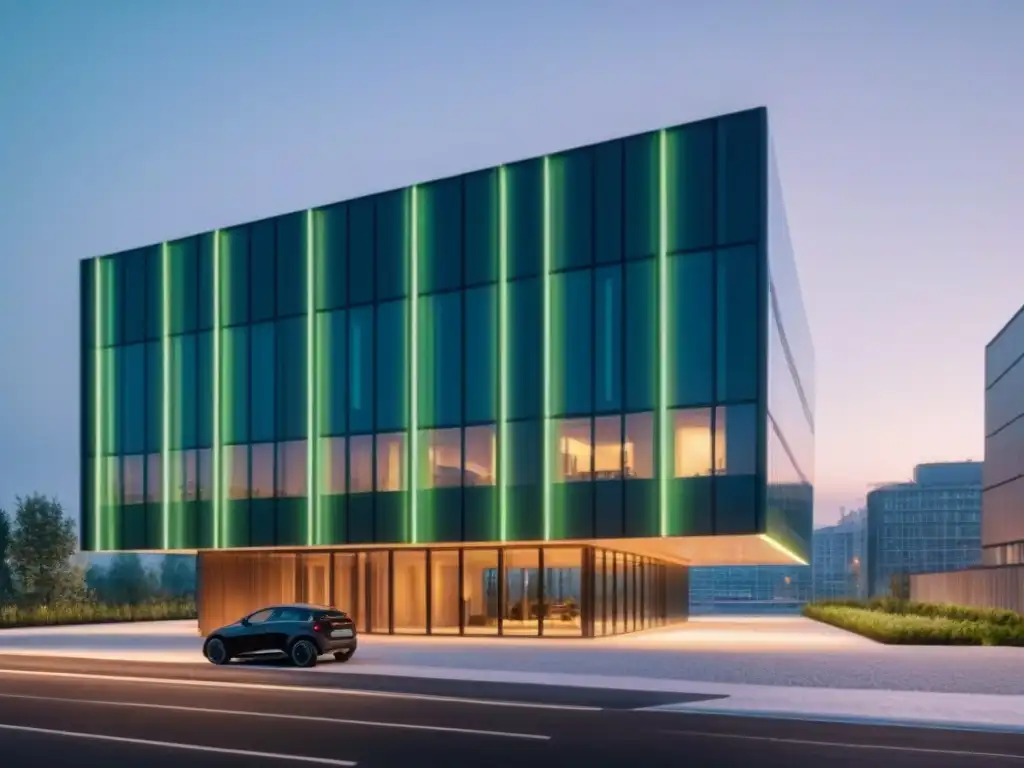 Edificio inteligente del futuro: eficiencia y sostenibilidad Edificio inteligente futurista con diseño innovador y eficiente, iluminado con suave brillo ambiental