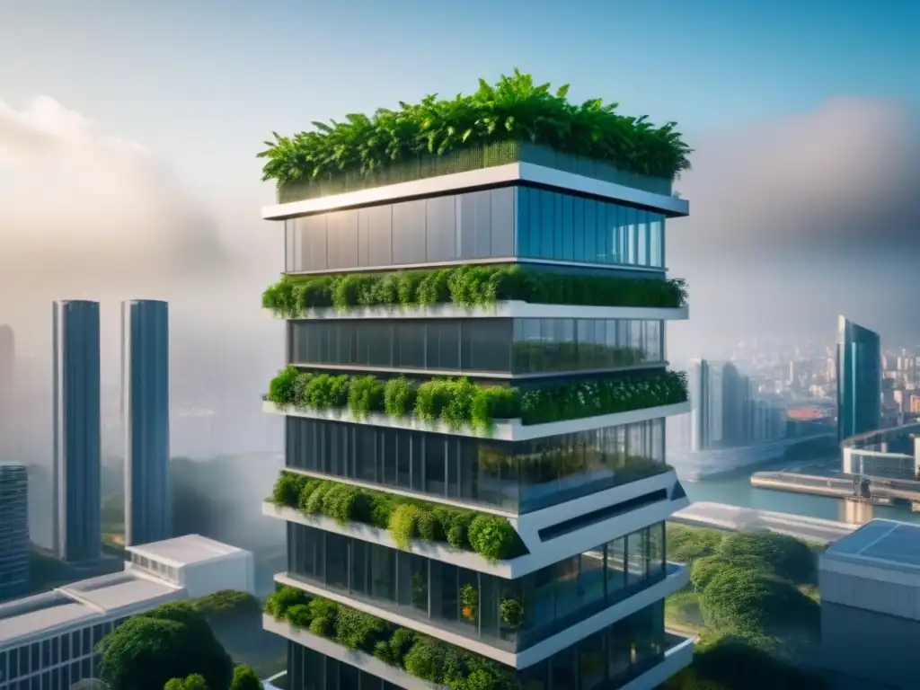 Edificio inteligente futurista con diseño energéticamente eficiente y tecnología AI, rodeado de vegetación