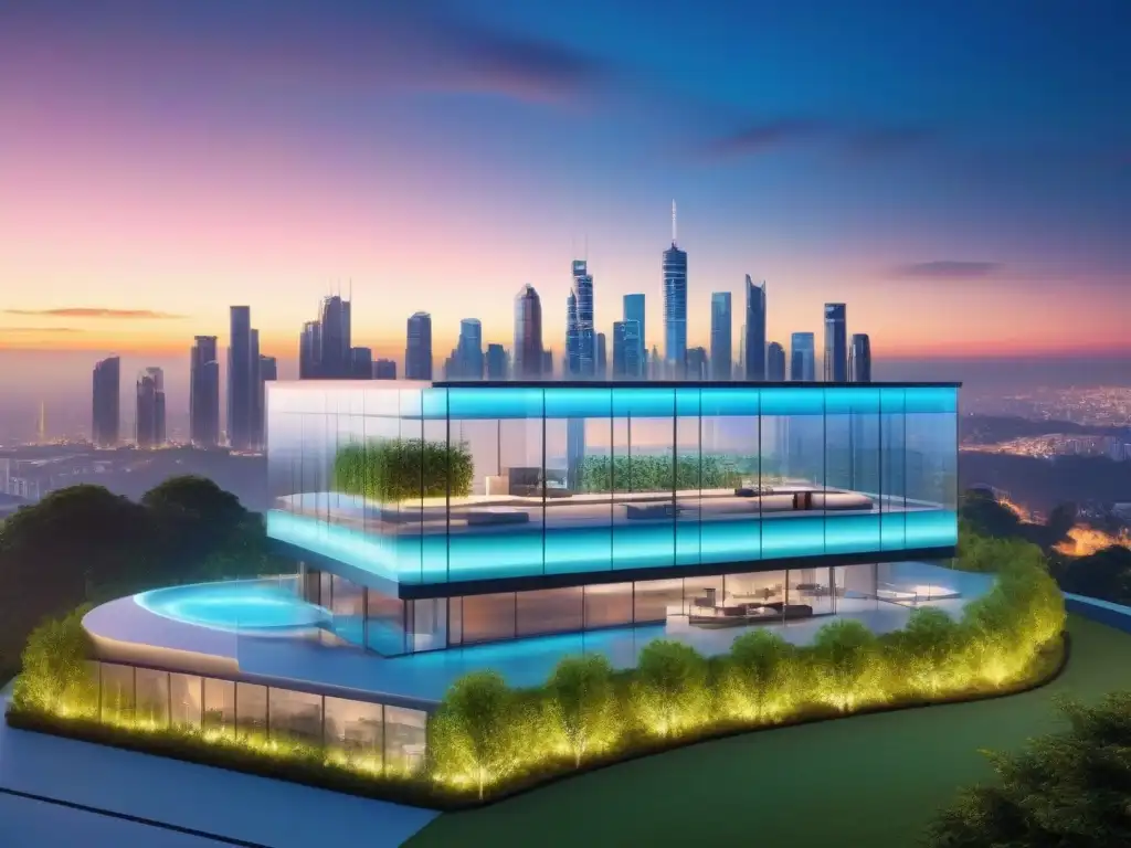Edificio inteligente del futuro con tecnología avanzada y entorno natural Un edificio inteligente futurista con herramientas seguimiento tiempo real inmobiliario, rodeado de vegetación y una ciudad animada al fondo