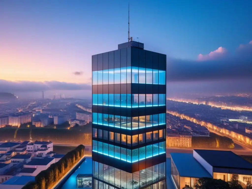 Fachada futurista: innovación y seguridad en edificio inteligente Un edificio inteligente futurista iluminado de noche, reflejando innovación y seguridad global