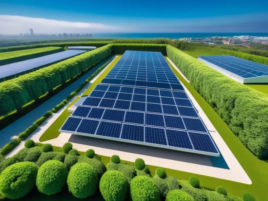 Edificio inteligente futurista con paneles solares y jardines verdes Un edificio inteligente futurista con paneles solares rodeado de vegetación, bajo un cielo azul