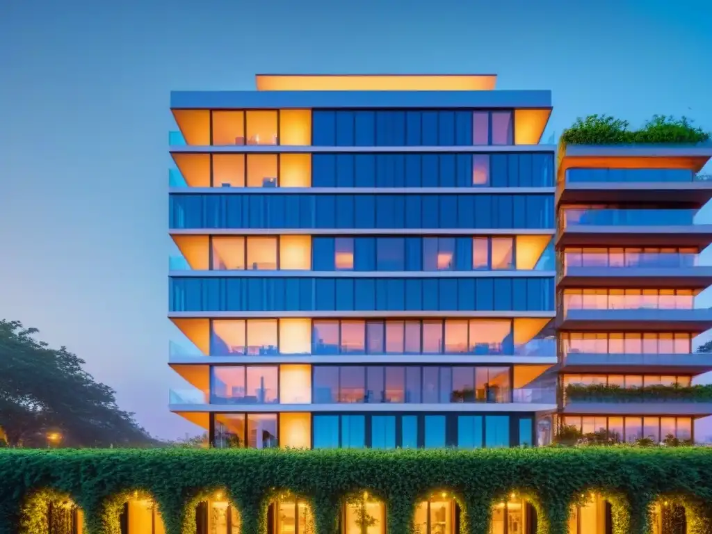 Un edificio inteligente moderno y sostenible, iluminado por luces LED, rodeado de vegetación y paneles solares al atardecer
