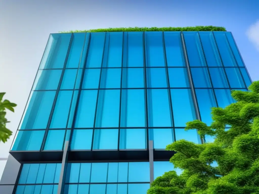 Edificio inteligente del futuro con seguridad digital en tiempo real Edificio inteligente con seguridad global en pantalla, diseño futurista y naturaleza bajo cielo azul