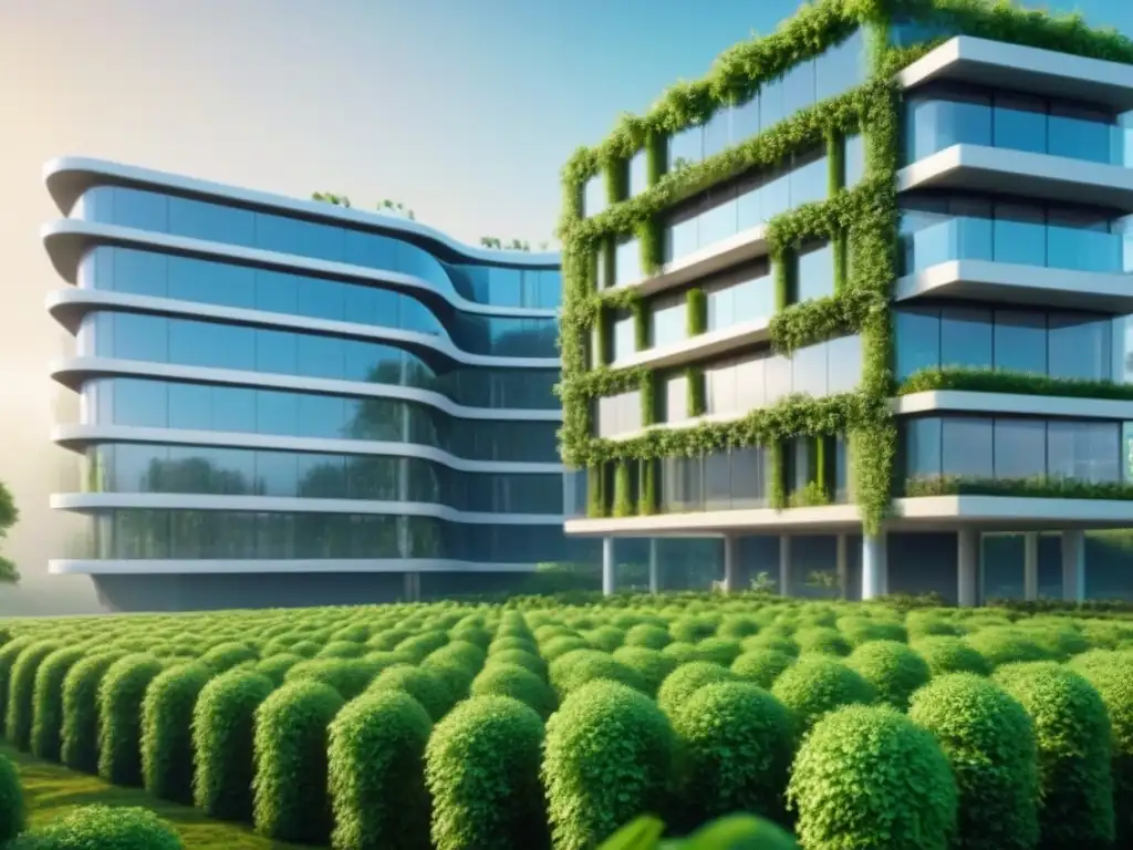 Edificio sostenible futurista: arquitectura moderna y tecnología AI verde Edificio inteligente sostenible con IA, arquitectura moderna y tecnología eco en armonía con la naturaleza