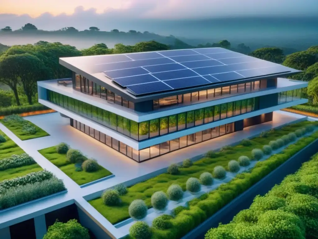 Edificio inteligente del futuro con IA y diseño sostenible Edificio inteligente y sostenible con IA, diseño futurista con paneles solares y vegetación exuberante
