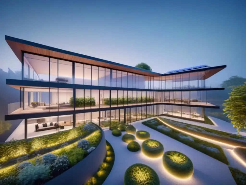 Edificio inteligente del futuro con diseño sostenible y tecnología AI Un edificio inteligente sostenible con IA rodeado de naturaleza, fusionando tecnología y ecología