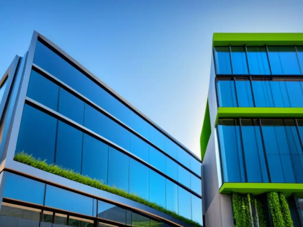 Edificio sustentable futurista: innovación en diseño verde Un edificio inteligente sostenible internacional con diseño innovador y tecnología verde, destacando paneles solares y luces LED
