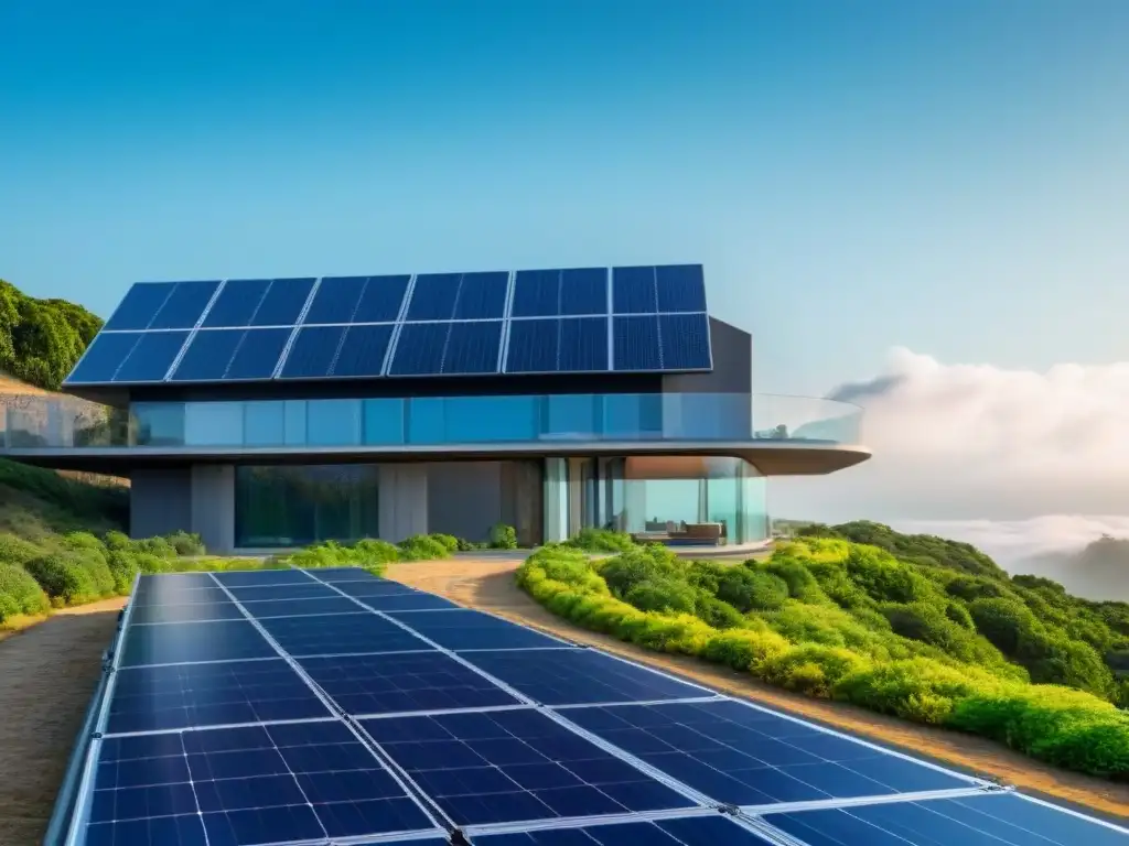 Edificio sostenible futurista con paneles solares integrados en diseño Un edificio inteligente sostenible internacional con paneles solares integrados, rodeado de naturaleza y cielo azul