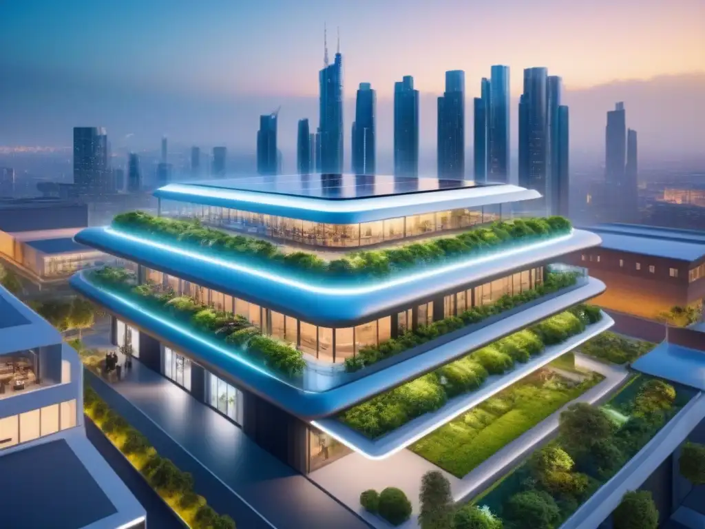 Edificio inteligente del futuro: tecnología AI y sostenibilidad Un edificio inteligente sostenible con IA, integrando tecnología avanzada y diseño ecológico en la ciudad