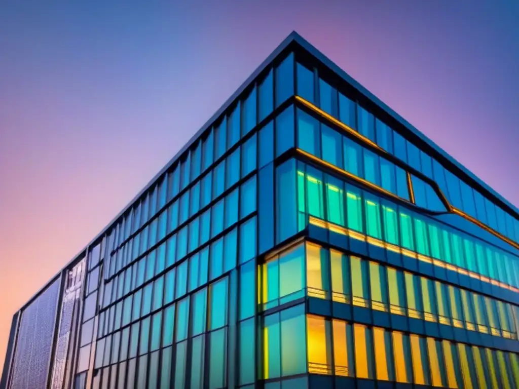 Edificio inteligente del futuro: tecnología AI y sostenibilidad Un edificio inteligente sostenible con IA, integrando tecnología avanzada en un diseño futurista, rodeado de paneles solares y pantallas interactivas