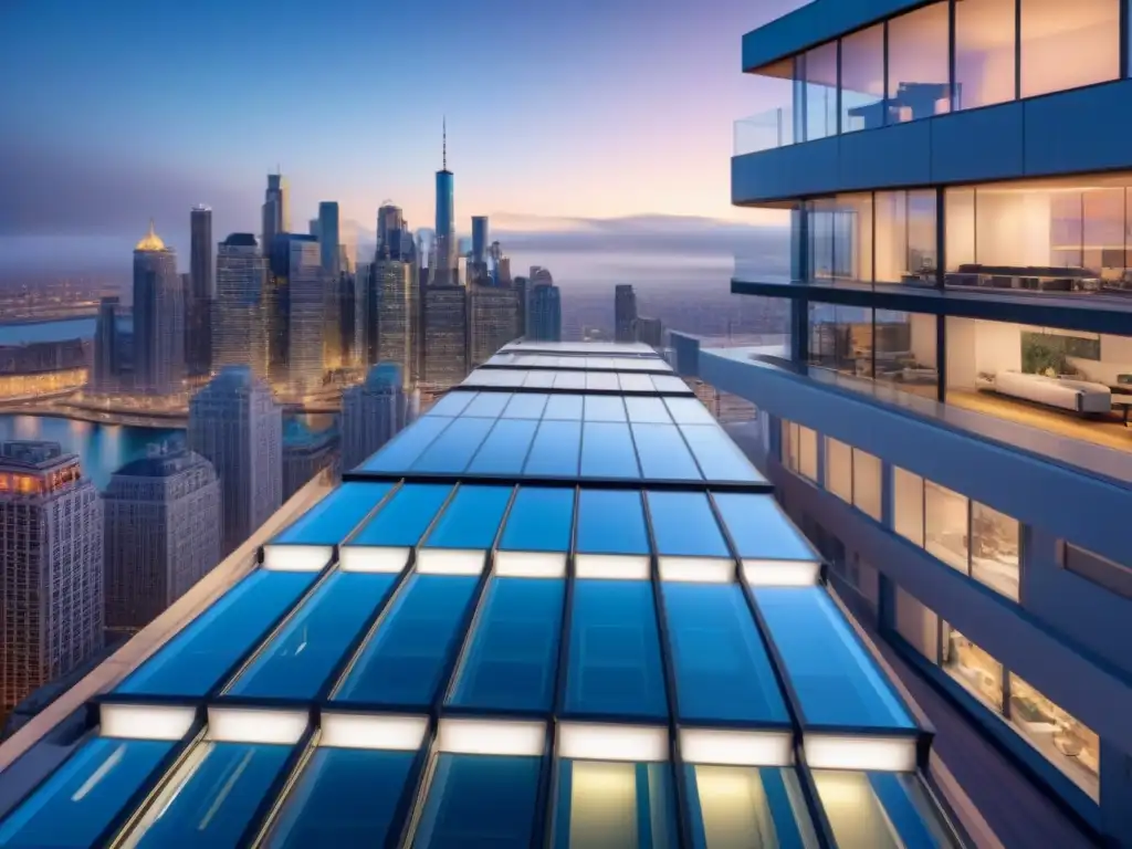 Edificio inteligente futurista en ciudad norteamericana Un edificio inteligente en Norteamérica, con tecnología avanzada y diseño moderno