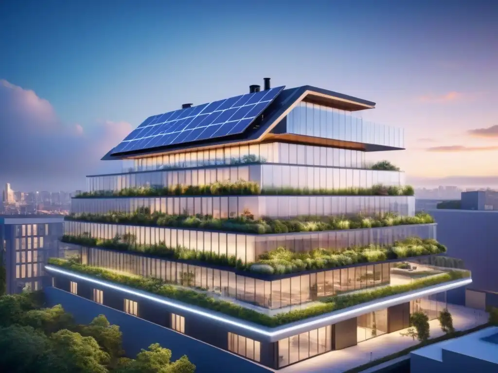Edificio inteligente: tecnología y sostenibilidad en armonía Un edificio inteligente de vanguardia con paneles solares, ventanas energéticamente eficientes y un techo verde dinámico