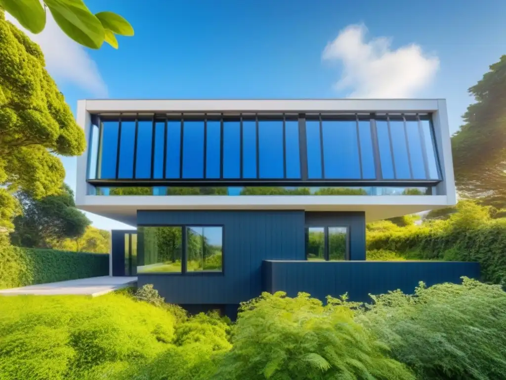Edificio sostenible con paneles solares integrados Un edificio Zero Net Energy internacional con paneles solares integrados, rodeado de vegetación y bajo un cielo azul
