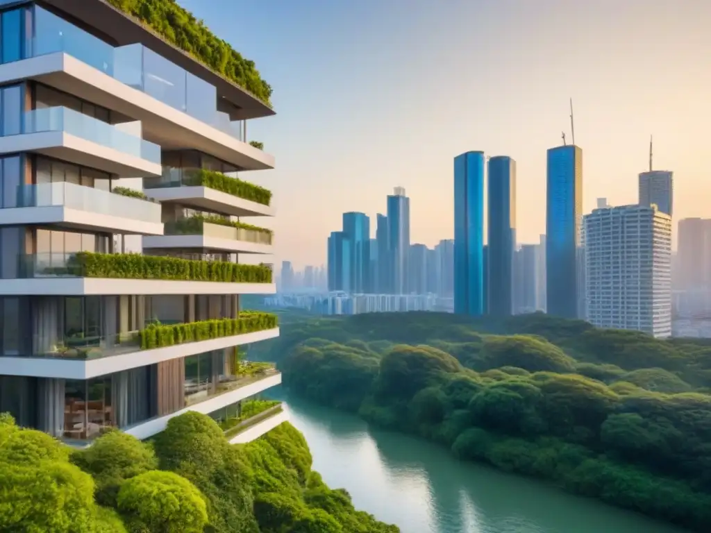 Edificio de apartamentos de lujo al atardecer, ideal para alquiler Edificio de lujo en alquiler en mercado inmobiliario internacional, en ciudad al atardecer con vista al río y vegetación exuberante