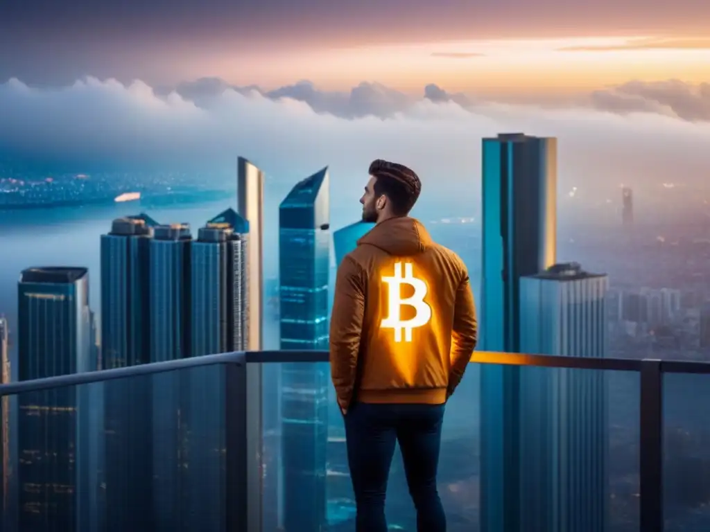 Edificio de lujo con criptomonedas integradas en la arquitectura Edificio de lujo en una ciudad bulliciosa con criptomonedas integradas, representando inversiones inmobiliarias internacionales con criptomonedas