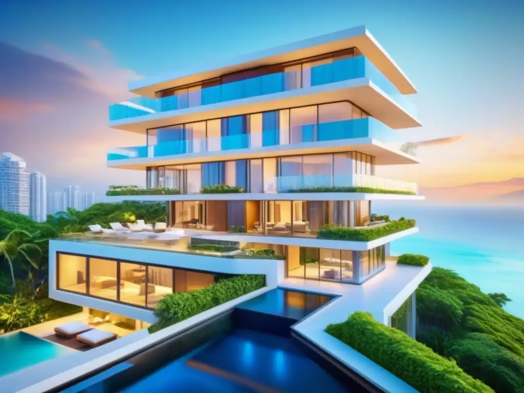 Edificio de lujo en ciudad moderna y playa paradisíaca Edificio de lujo en ciudad, playa y naturaleza: turismo de lujo mercado inmobiliario