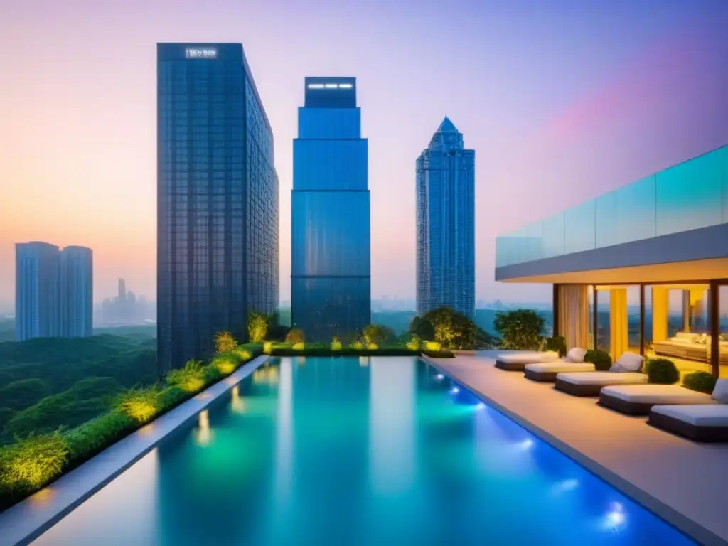 Condominio de lujo: arquitectura moderna con piscina infinita en la azotea Edificio de lujo en la ciudad con piscina infinita en la azotea, fusionando diseño vanguardista y naturaleza