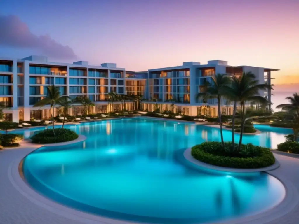 Edificio de lujo frente al mar con diseño moderno y vistas espectaculares Edificio de lujo con cristaleras reflejando atardecer dorado sobre playa turquesa