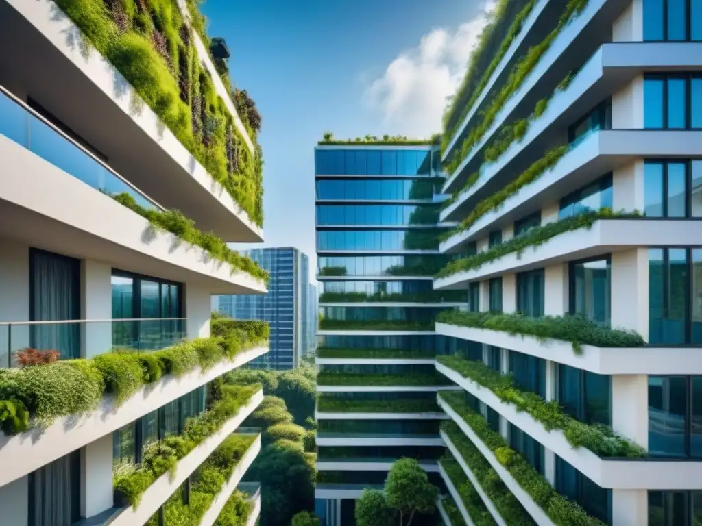 Edificio ecológico: oasis vertical en la metrópolis Un edificio de lujo cubierto de vegetación, con jardines verticales y paneles solares bajo un cielo azul