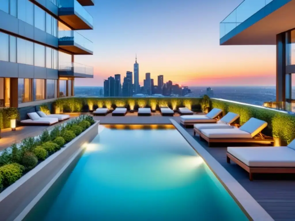 Edificio de lujo con piscina en la azotea en la ciudad Edificio de lujo con diseño moderno y piscina en jardín en la azotea, destacando en el atardecer