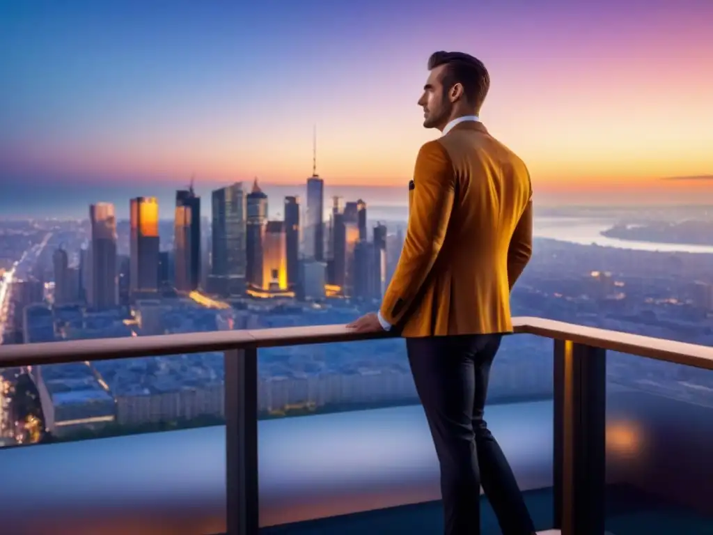 Edificio de lujo en la ciudad al atardecer: inversión internacional Edificio de lujo con diseño moderno y ventanas de piso a techo reflejando el skyline urbano al atardecer