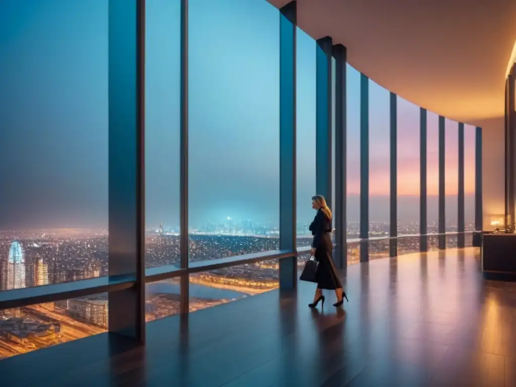 Edificio de lujo con diseño moderno y vibrante ciudad de noche Edificio de lujo con diseño moderno y ventanas de piso a techo reflejando la ciudad de noche