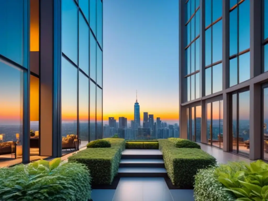 Edificio de lujo con diseño moderno en ciudad vibrante al atardecer Un edificio de lujo con diseño moderno refleja la ciudad al anochecer, rodeado de vegetación