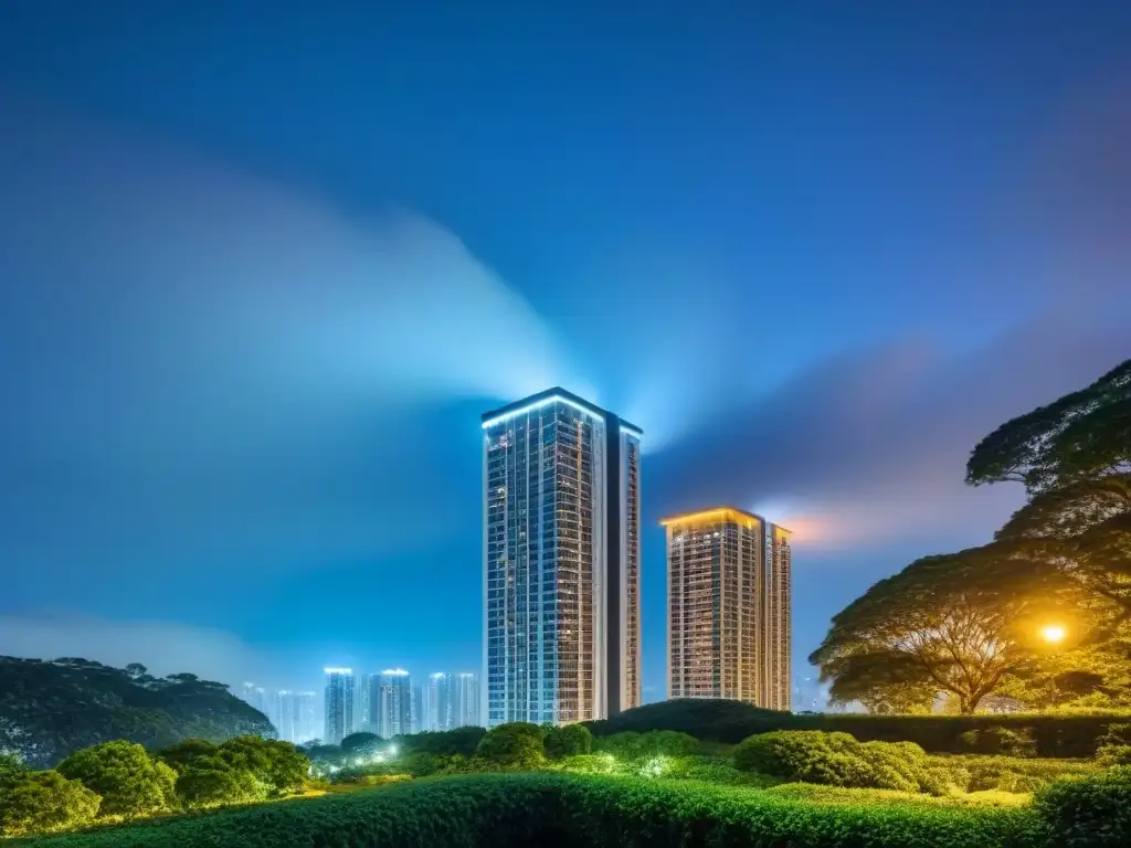 Edificio de lujo con vista nocturna de la ciudad y diseño sofisticado Edificio de lujo con diseño sofisticado reflejando la ciudad de noche, rodeado de vegetación y iluminado con elegancia