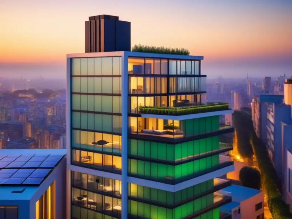 Edificio de lujo sostenible con diseño moderno y energético Edificio de lujo con diseño sostenible y vistas a la ciudad al atardecer, ideal para inversiones inmobiliarias sostenibles internacionales