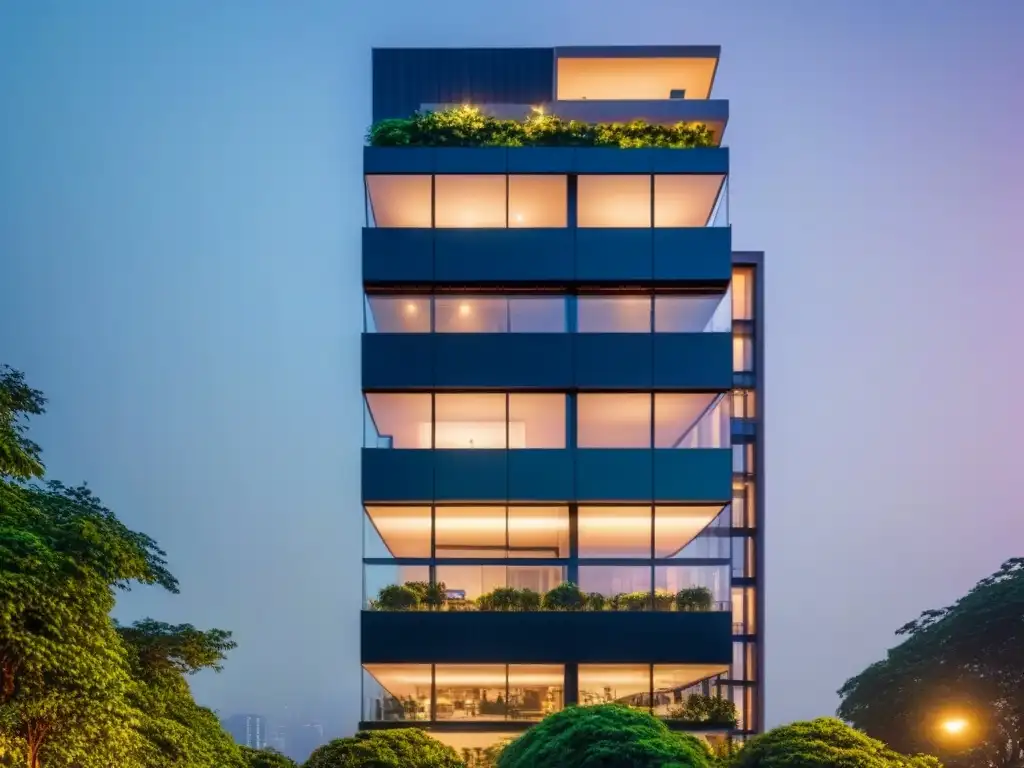 Edificio de lujo en la ciudad: naturaleza y sofisticación urbana Edificio de lujo con fachada de cristal, rodeado de naturaleza y ciudad iluminada de noche