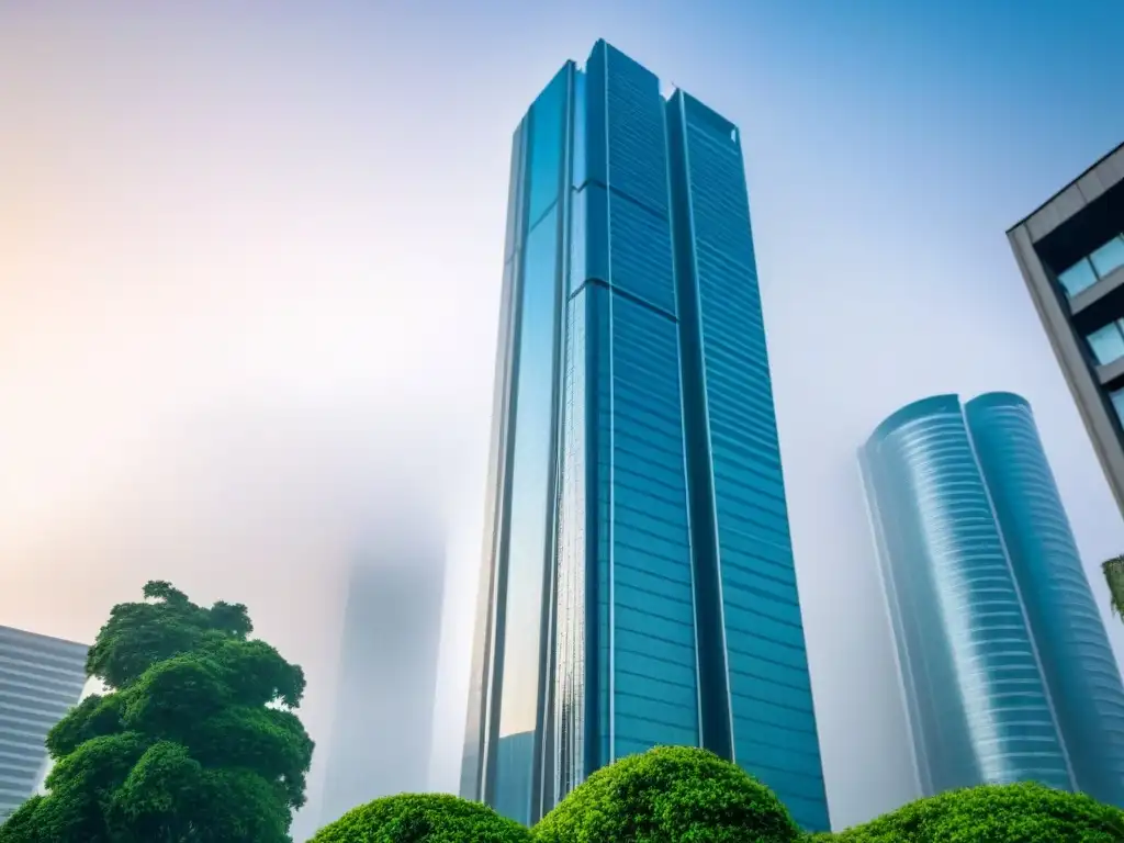 Inversión exclusiva: rascacielos moderno en la ciudad vibrante Edificio de lujo con fachada de cristal, rodeado de vegetación exuberante y reflejando la ciudad