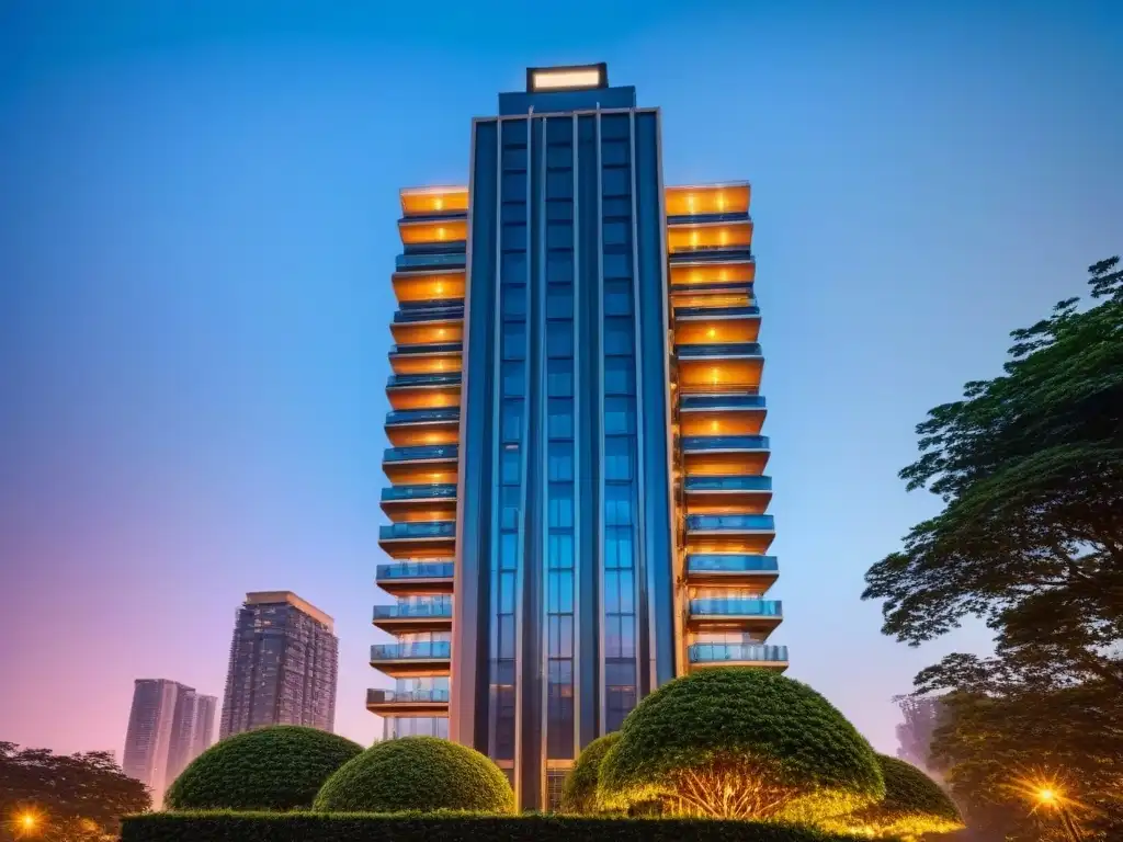 Edificio de lujo con fachada de espejo reflejando la ciudad al anochecer Edificio de lujo con fachada de espejo reflejando el horizonte urbano al anochecer, destacando elegancia e innovación en Compliance en mercado inmobiliario internacional
