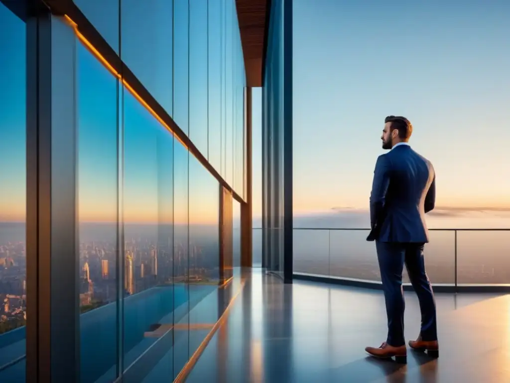 Arquitectura de lujo: fachada de vidrio en paisaje vibrante Un edificio de lujo con una fachada de vidrio reflejando la naturaleza, bajo un cielo azul brillante