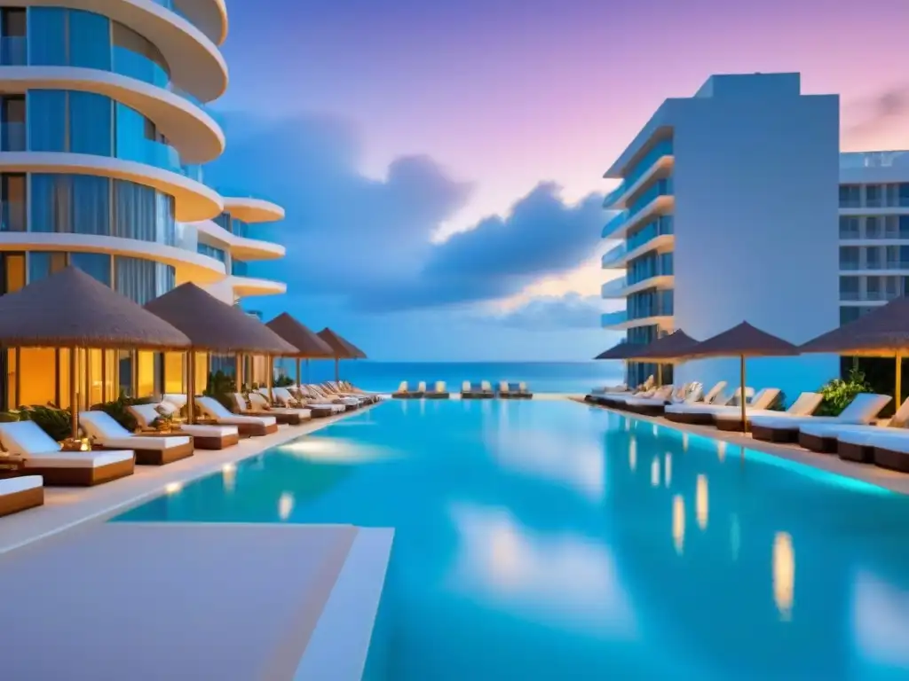 Residencia de lujo frente a la playa: piscina y atardecer dorado Edificio de lujo frente a la playa, con arquitectura moderna y piscina al atardecer
