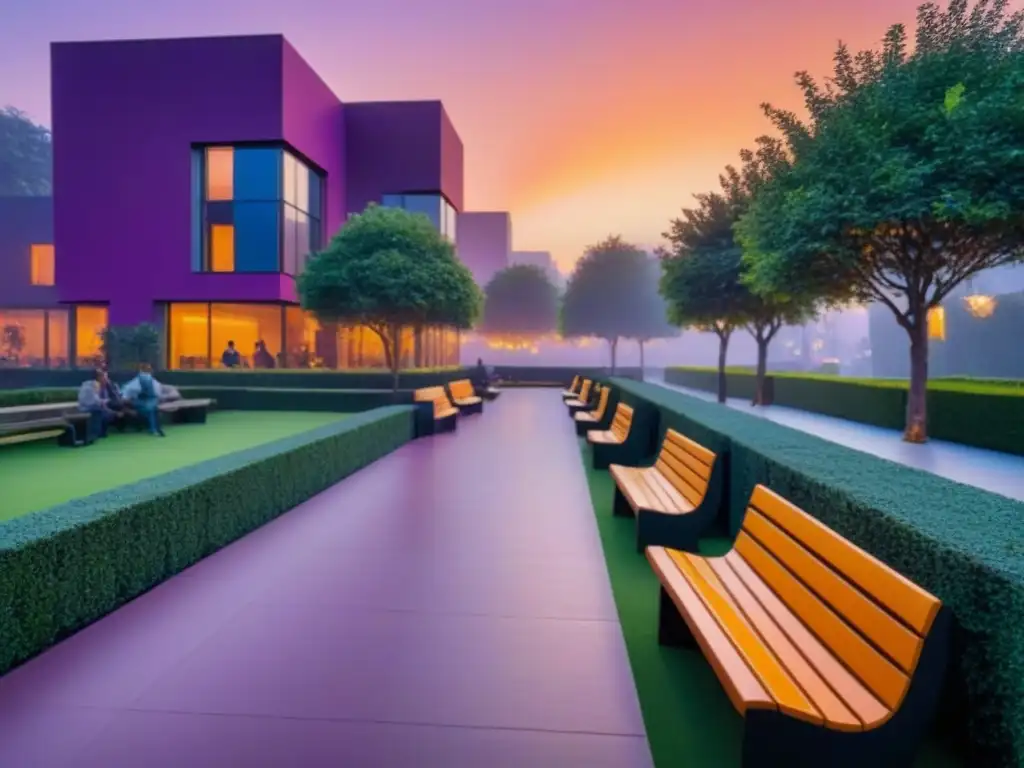 Anochecer vibrante: luces doradas en edificio moderno rodeado de comunidad diversa y naturaleza exuberante Un edificio de lujo iluminado en una ciudad vibrante al anochecer, rodeado de una comunidad global activa y diversa en un entorno armonioso