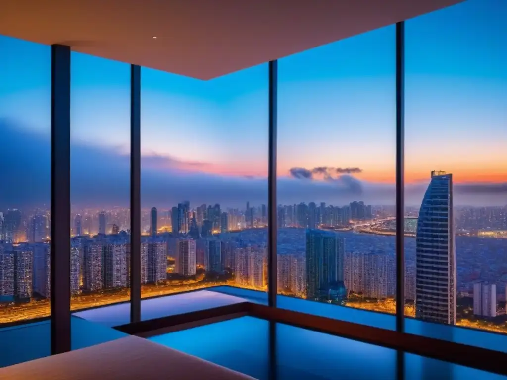 Rascacielos de lujo en atardecer vibrante Edificio de lujo en América Latina con ventanales de piso a techo reflejando la ciudad al atardecer