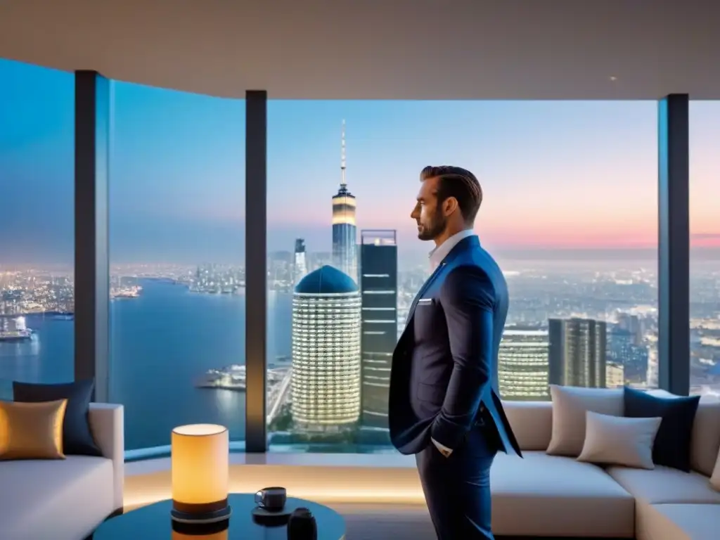 Rascacielos de lujo en la ciudad: inversores estratégicos bajo la noche Un edificio de lujo y moderno con fachada de vidrio, reflejando el horizonte urbano al atardecer
