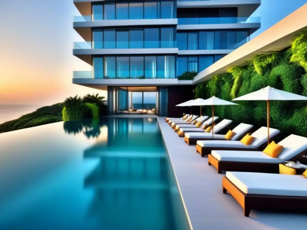 Edificio de lujo en la playa: atardecer y piscina infinita Un edificio de lujo moderno en la playa con piscina infinita en la azotea
