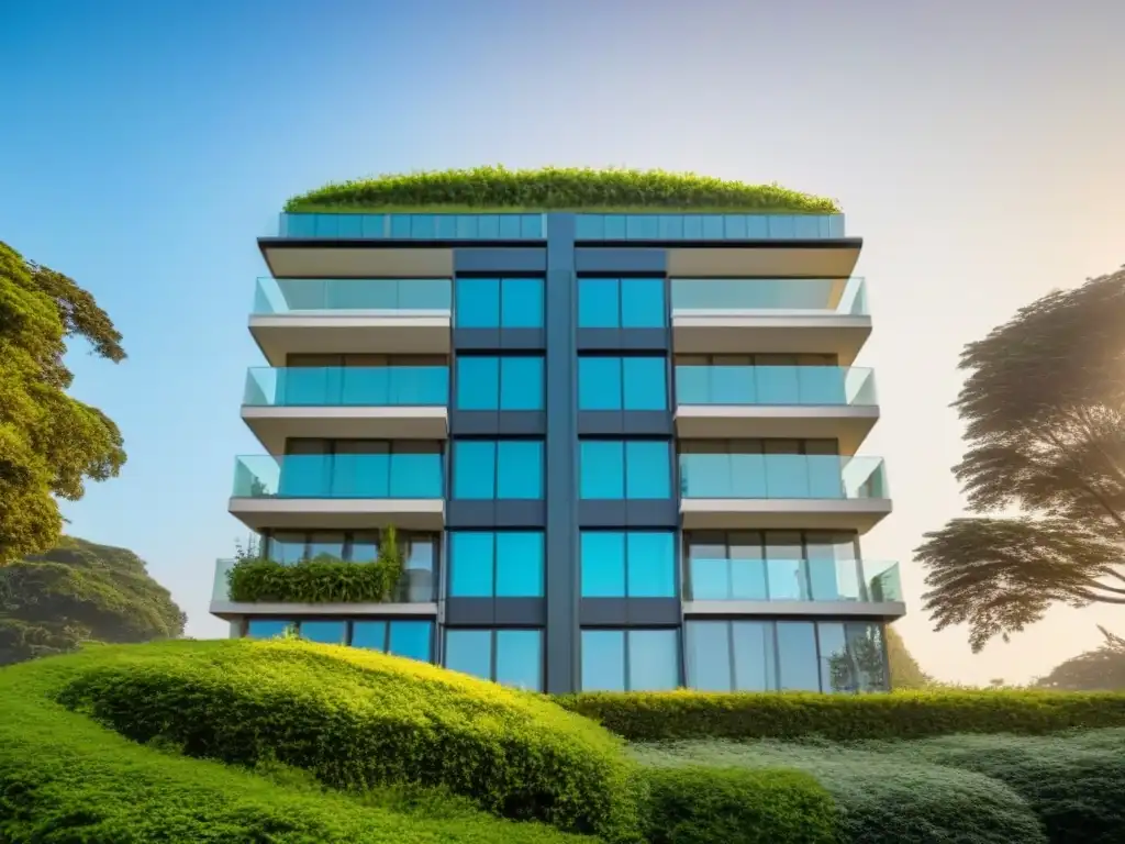 Edificio de lujo en entorno natural, arquitectura moderna y elegante Un edificio de lujo y moderno rodeado de exuberante vegetación, con diseño elegante y grandes ventanales que reflejan la luz del sol
