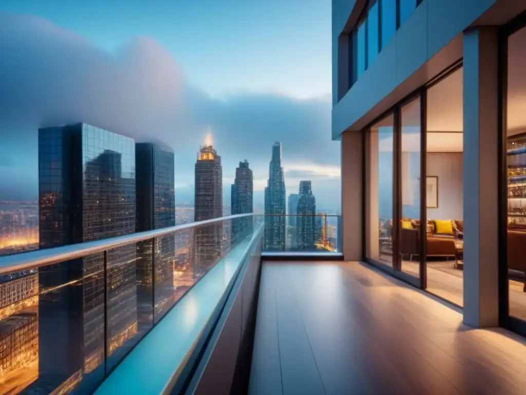 Esplendor urbano: Rascacielos de lujo en ciudad vibrante al anochecer Edificio de lujo con modernos balcones y ventanas de vidrio que reflejan una ciudad vibrante al anochecer