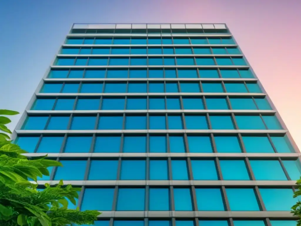 Edificio de lujo con fachada moderna reflejando un atardecer vibrante Edificio de lujo con patrones geométricos y atardecer vibrante, fusionando naturaleza y arquitectura moderna